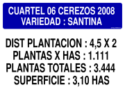 CUARTEL 06 CEREZOS 2008 VARIEDAD : SANTINA DIST PLANTACION : 4,5 X 2 PLANTAS X HAS : 1.111 PLANTAS TOTALES : 3.444 SUPERFICIE : 3,10 HAS
