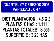 CUARTEL 07 CEREZOS 2008 VARIEDAD : C-14 DIST PLANTACION : 4,5 X 2 PLANTAS X HAS : 1.111 PLANTAS TOTALES : 3.555 SUPERFICIE : 3,20 HAS