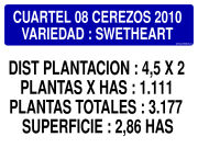 CUARTEL 08 CEREZOS 2010 VARIEDAD : SWETHEART DIST PLANTACION : 4,5 X 2 PLANTAS X HAS : 1.111 PLANTAS TOTALES : 3.177 SUPERFICIE : 2,86 HAS
