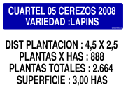 CUARTEL 05 CEREZOS 2008 VARIEDAD :LAPINS DIST PLANTACION : 4,5 X 2,5 PLANTAS X HAS : 888 PLANTAS TOTALES : 2.664 SUPERFICIE : 3,00 HAS