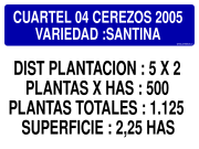 CUARTEL 04 CEREZOS 2005 VARIEDAD :SANTINA DIST PLANTACION : 5 X 2 PLANTAS X HAS : 500 PLANTAS TOTALES : 1.125 SUPERFICIE : 2,25 HAS
