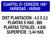 CUARTEL 01 CEREZOS 1997 VARIEDAD : VARIAS DIST PLANTACION : 4,5 X 2,5 PLANTAS X HAS : 889 PLANTAS TOTALES : 4.836 SUPERFICIE : 5,44 HAS