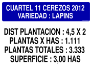 CUARTEL 11 CEREZOS 2012 VARIEDAD : LAPINS DIST PLANTACION : 4,5 X 2 PLANTAS X HAS : 1.111 PLANTAS TOTALES : 3.333 SUPERFICIE : 3,00 HAS