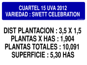CUARTEL 15 UVA 2012 VARIEDAD : SWETT CELEBRATION DIST PLANTACION : 3,5 X 1,5 PLANTAS X HAS : 1,904 PLANTAS TOTALES : 10,091 SUPERFICIE : 5,30 HAS