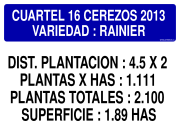 CUARTEL 16 CEREZOS 2013 VARIEDAD : RAINIER DIST. PLANTACION : 4.5 X 2 PLANTAS X HAS : 1.111 PLANTAS TOTALES : 2.100 SUPERFICIE : 1.89 HAS