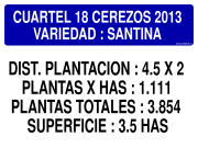 CUARTEL 18 CEREZOS 2013 VARIEDAD : SANTINA DIST. PLANTACION : 4.5 X 2 PLANTAS X HAS : 1.111 PLANTAS TOTALES : 3.854 SUPERFICIE : 3.5 HAS