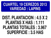 CUARTEL 19 CEREZOS 2013 VARIEDAD : LAPINS DIST. PLANTACION : 4.5 X 2 PLANTAS X HAS : 1.111 PLANTAS TOTALES : 3.967 SUPERFICIE : 3.5 HAS