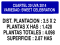 CUARTEL 20 UVA 2014 VARIEDAD: SWEET CELEBRATION DIST. PLANTACION : 3.5 X 2 PLANTAS X HAS : 1.428 PLANTAS TOTALES : 4.098 SUPERFICIE : 2.87 HAS