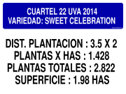 CUARTEL 22 UVA 2014 VARIEDAD: SWEET CELEBRATION DIST. PLANTACION : 3.5 X 2 PLANTAS X HAS : 1.428 PLANTAS TOTALES : 2.822 SUPERFICIE : 1.98 HAS