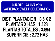 CUARTEL 24 UVA 2014 VARIEDAD: SWEET CELEBRATION DIST. PLANTACION : 3.5 X 2 PLANTAS X HAS : 1.428 PLANTAS TOTALES : 3.894 SUPERFICIE : 2.72 HAS